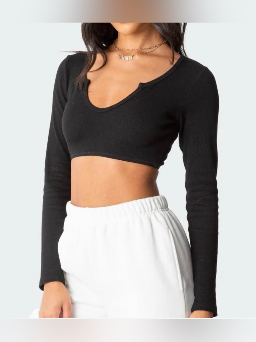 Edikted Black Ribbed Long Sleeve Crop Top Notched V Neck Size M Medium